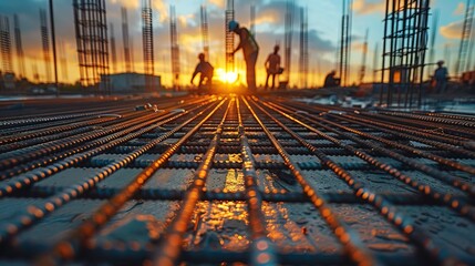 Construction workers fabricating steel reinforcement bar at the new modern construction site. - obrazy, fototapety, plakaty