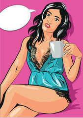 Beautiful Woman Drinking coffee or tea. Vector illustration. Pop art style.