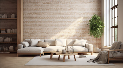 Scandinavian-inspired living room featuring a white brick wall with intricately placed wooden patterns, creating a uniquely cozy atmosphere