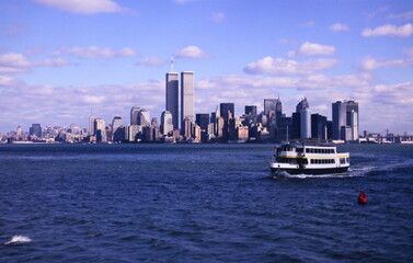 Downtown Manhattan Skyline with World Trade Center Twin Towers in New York City during early 1990s