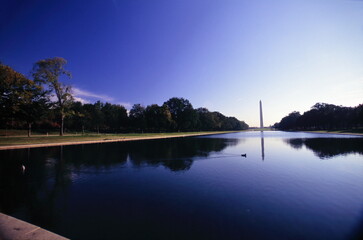 Washington Monument on the Reflecting Pool during sunset in Washington, DC.