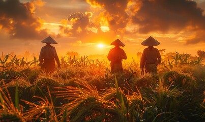 Farmers walking the field of ripe crops under the golden sunset. AI image - obrazy, fototapety, plakaty