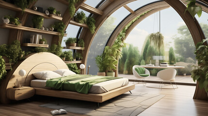 Sustainable pod-style bedroom with modular furniture, green walls, and unique design elements defining the future of eco-conscious interiors