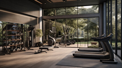 Tech-integrated home gym with windows that display virtual outdoor scenes, including moonlit landscapes for an energizing workout