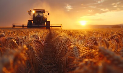 Harvester is harvesting cultivated ripe crops under the golden afternoon sun in the sunset time. AI generated image - obrazy, fototapety, plakaty