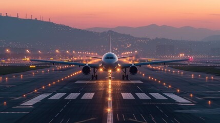 Commercial plane on runway at sunrise or sunset, lights guiding path, city lights in background. - obrazy, fototapety, plakaty