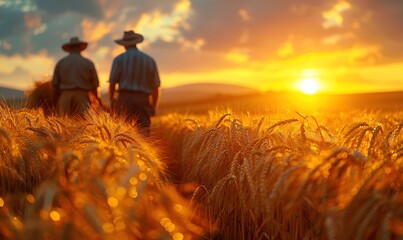 Farmers walking the field of ripe crops under the golden sunset. AI image