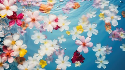 Fototapeta na wymiar Beautiful delicate flowers on a background of blue water. The texture of the water. Small waves, ripples on the water. Background for Women's Day, Valentine's Day.