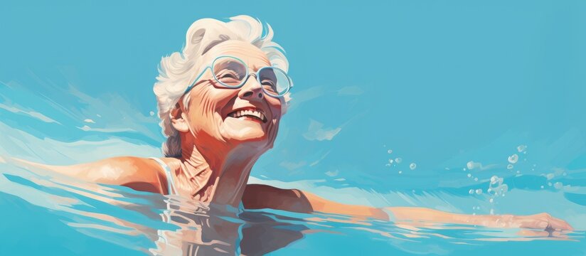 A painting depicting a happy senior woman leisurely swimming in the water, leaning on the edge of the pool. The woman is gracefully moving through the water, surrounded by the tranquility of the pool.