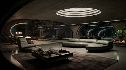 Underground futuristic bunker transformed into a luxurious living space with advanced technology and unique design elements