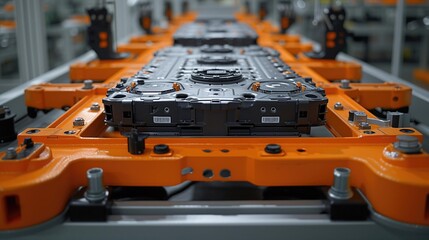 Image EV battery packs on assembly line, showcasing intricate components  orange housing for safety. Manufacturing process indicated. - obrazy, fototapety, plakaty