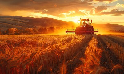 Harvester is harvesting cultivated ripe crops under the golden afternoon sun in the sunset time. AI generated image
