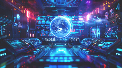 Futuristic cyberspace with Earth Globe hologram in control center with user interface - obrazy, fototapety, plakaty