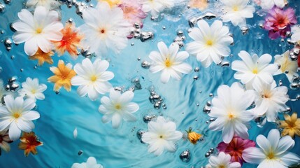 Beautiful delicate flowers on a background of blue water. The texture of the water. Small waves, ripples on the water. Background for Women's Day, Valentine's Day.