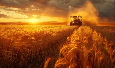 Tractor harvesting ripe crops under the golden afternoon sun