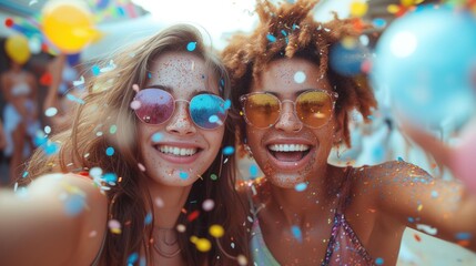 Two people in sunglasses smiling amidst confetti and glitter at a festive event.