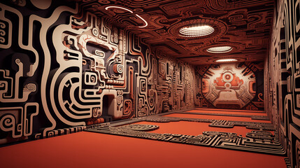 Virtual reality gaming room featuring a wall with intricate digital patterns, creating an immersive and uniquely futuristic experience 