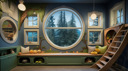 Whimsical children's playroom with creative window designs, allowing the moon to become a magical part of the play environment