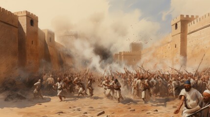 Obraz premium The Battle of Jericho. The walls of Jericho collapsin watercolor illustration