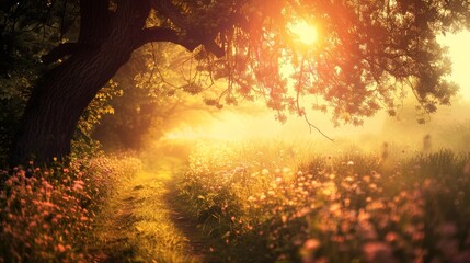 Golden Sunset over Blossoming Meadow
