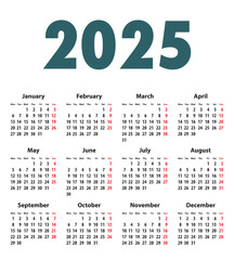 English Calendar grid bold digits for 2025. Best for calendar print, business, web design, office needs and presentations. Mondays first. Vector illustration