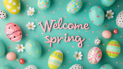 Flat Lay, 3d plasticine inflatable phrases "Welcome spring", Spring Flowers. mint background. and candy tones eggs  Concept easter and spring greeting card.