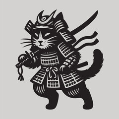 Cool Japanese samurai cat with a katana. Vintage black engraving hand drawn illustration, logo, emblem