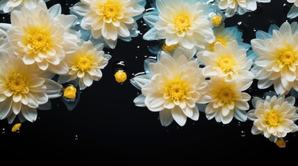Beautiful delicate flowers on a black background. The texture of the water. Small waves, ripples on the water. Background for Women's Day, Valentine's Day.
