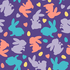 Purple Easter pattern of colorful eggs and bunnies