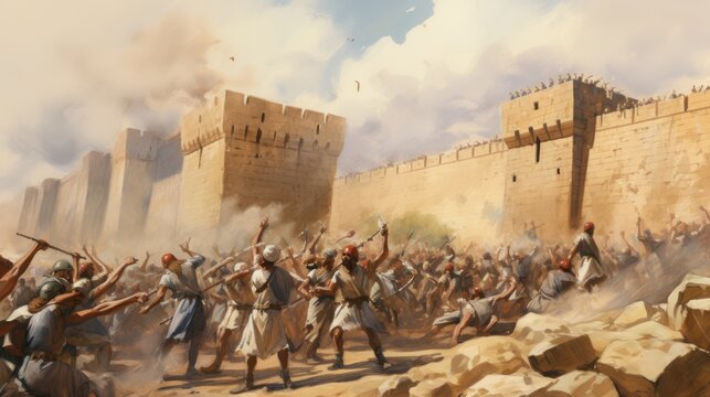 Destruction of the city of Jericho victory of God and the people of Israel watercolor illustration