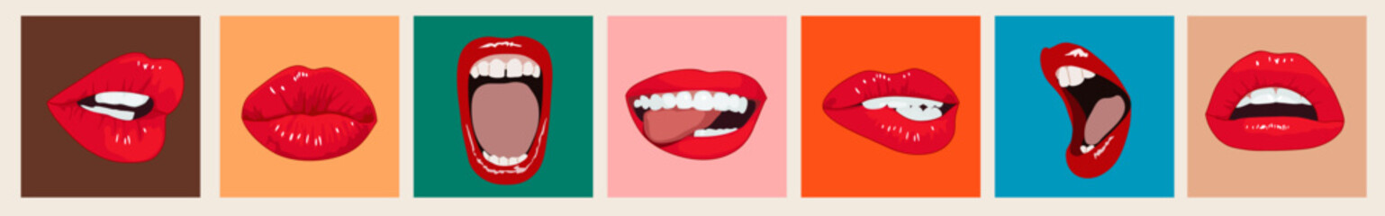 Set of Red Female lips. Teeth, tongue, mouths. Different mimic, emotions, facial expressions. Hand drawn flat Trendy vector illustrations isolated on colorful backgrounds. For print, card, collage.