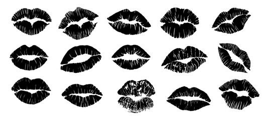 Set of Lipstick kiss print silhouettes. Different shapes female sexy lips. Lips makeup. Female mouth. Imprint of lips kiss vector black outline illustrations isolated on transparent background. - obrazy, fototapety, plakaty