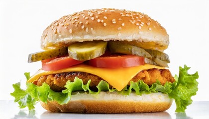 large burger with chicken cutlet cheddar cheese lettuce and pickles isolated on white background