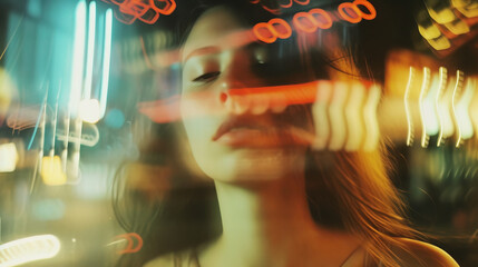 Abstract film photo of a young female model. Light leaks with double exposure. Dreamy vintage effect