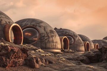 Illustrates a series of futuristic domed habitats nestled amongst the rocks of a desolate desert - obrazy, fototapety, plakaty