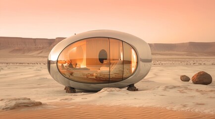 An innovative and luxurious pod home seamlessly integrates modern design with the stark beauty of a desert landscape