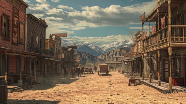 A captivating scene of a Western town at sunset, featuring horse-drawn carriages and vintage storefronts bathed in a dusty golden light. Resplendent.