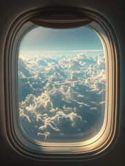 Aircraft window, blue sky and white clouds outside the window. 3D render