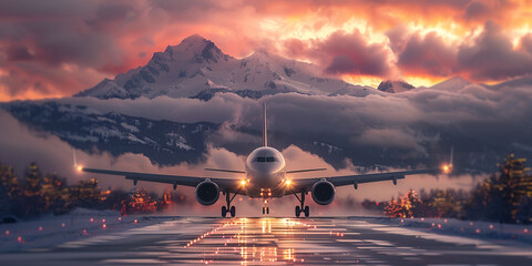 Passenger airplane is landing during a wonderful cloudy sunset - obrazy, fototapety, plakaty