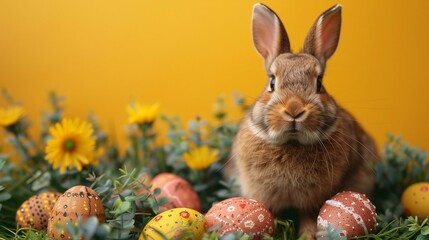Fototapeta na wymiar Background for Easter card, banner, Easter bunny and Easter eggs