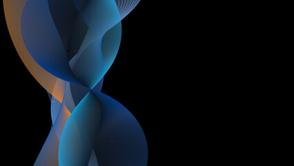 Twisting shapes on the left side of the composition with shades of blue, purple and a touch of orange