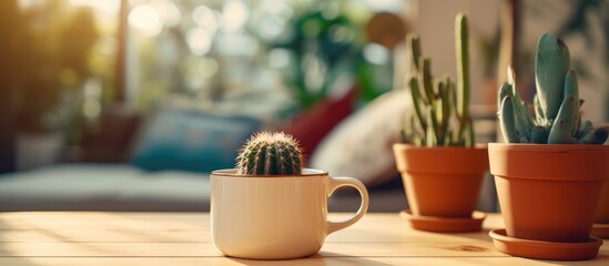 A coffee cup with a cactus inside it is placed on a wooden table in a living room. The scene showcases a unique blend of nature and everyday objects.