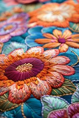Fototapeta na wymiar Crafting an intricate embroidery piece, close-up, vibrant threads on canvas, floral design