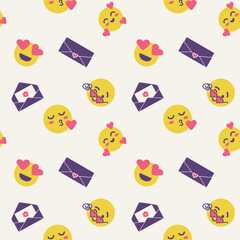 Seamless cute pattern of emojis in love and love letters, a valentines theme, romantic, silly, fun pattern great as background for beauty, fashion, social media, banners, presentations, stationeries