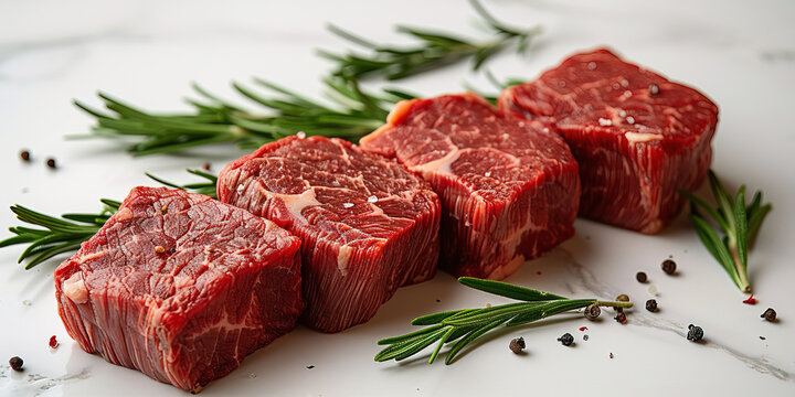 Fresh raw beef steak cut into pieces isolated on white background