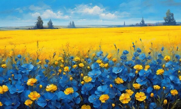 blue and yellow flowers in the field, impressionism art background