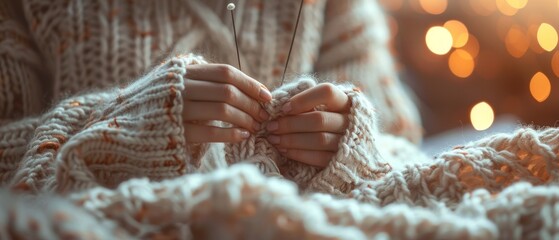 Knitting a cozy sweater, hands and needles at work, soft wool, warm lighting - obrazy, fototapety, plakaty