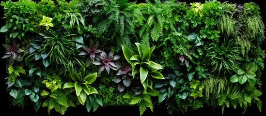 A green wall is filled with a variety of plants, creating a vibrant and lush vertical garden. Different types of plant species are thriving and enhancing the eco-friendly decor.