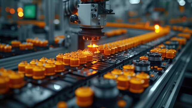 Robotic arm with welding tool on assembly line in industrial setting. Orange objects arranged neatly for manufacturing. Busy, advanced environment showcasing modern technologies.