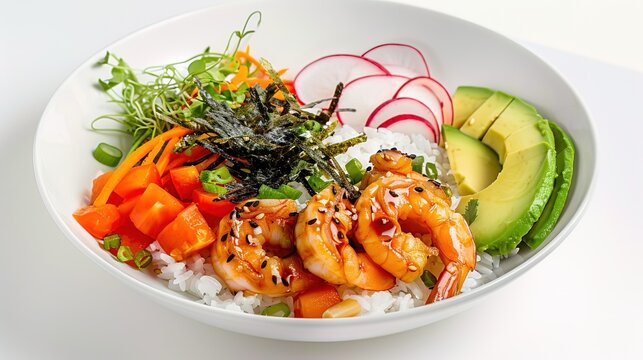 Poke bowl with shrimp, avocado, radish, carrot, tomato, seaweed and white rice on White table background. Healthy food